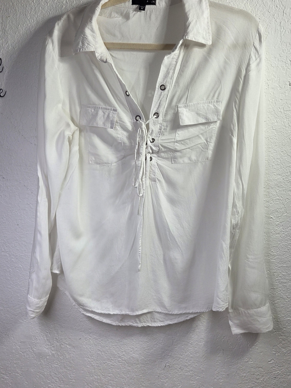 AQUA Bloomingdale’s White Lace Up Long Sleeve Utility Tunic Blouse Size M